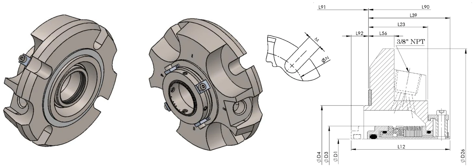 PZ05 big bore: seal assembly, gland bolt detail, and cross-section with dimension callouts