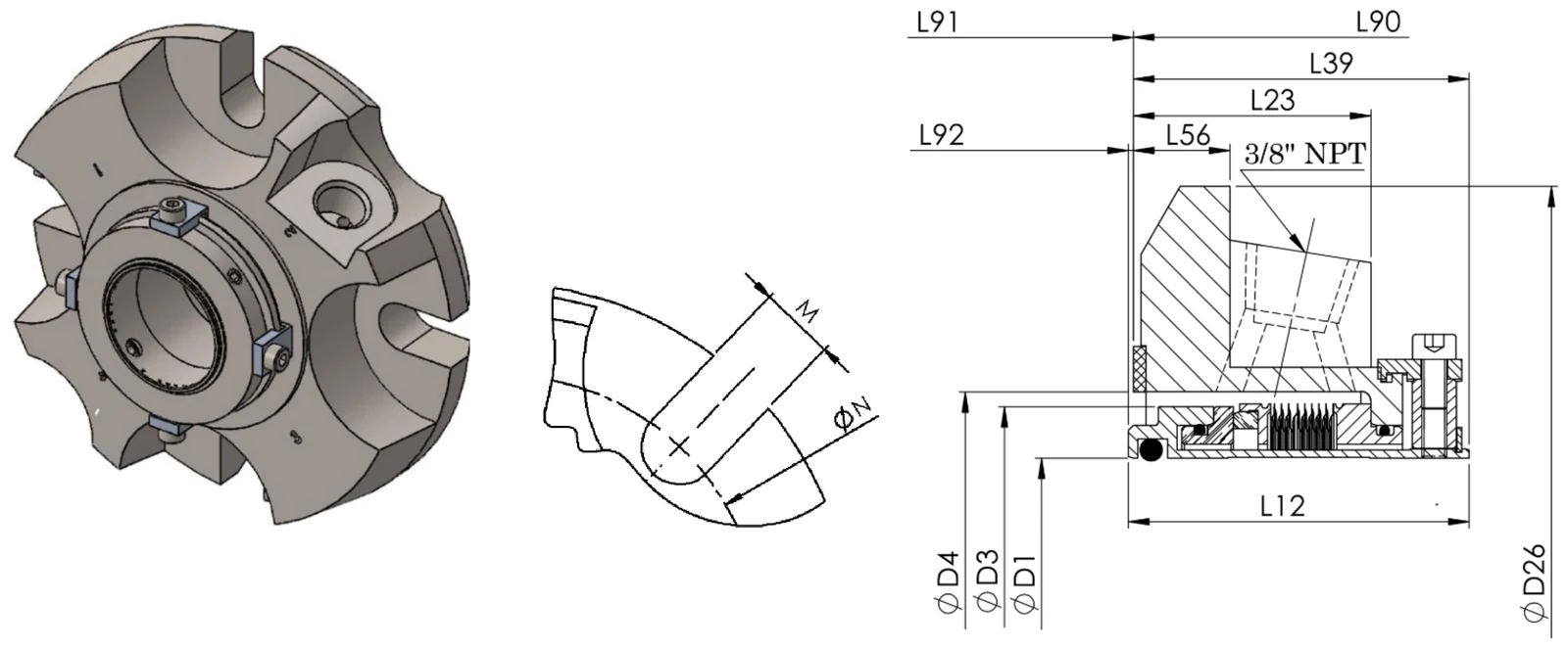 PZ05 standard bore: seal assembly, gland bolt detail, and cross-section with dimension callouts