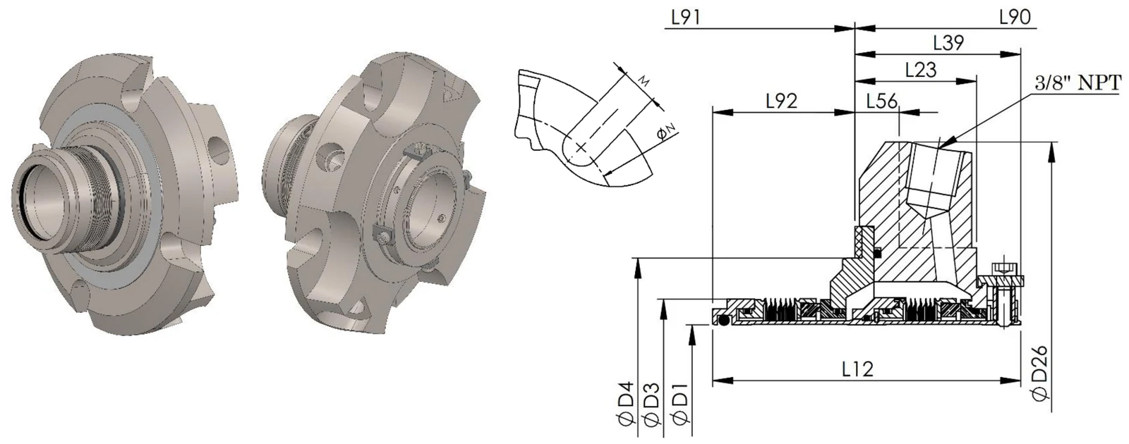 PZ05D big bore: seal assembly, gland bolt detail, and cross-section with dimension callouts