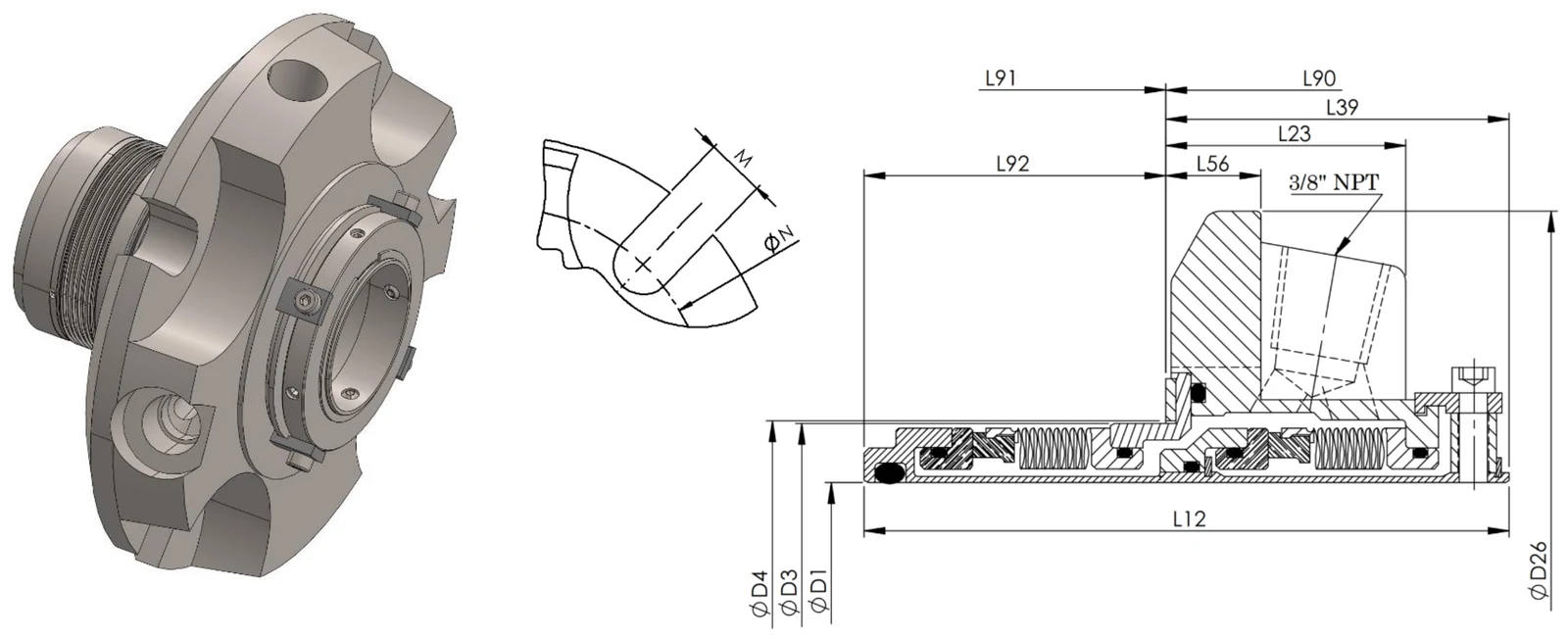 PZ05D standard bore: seal assembly, gland bolt detail, and cross-section with dimension callouts