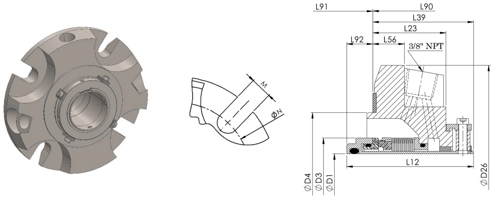 PZ05Q big bore: seal assembly, gland bolt detail, and cross-section with dimension callouts