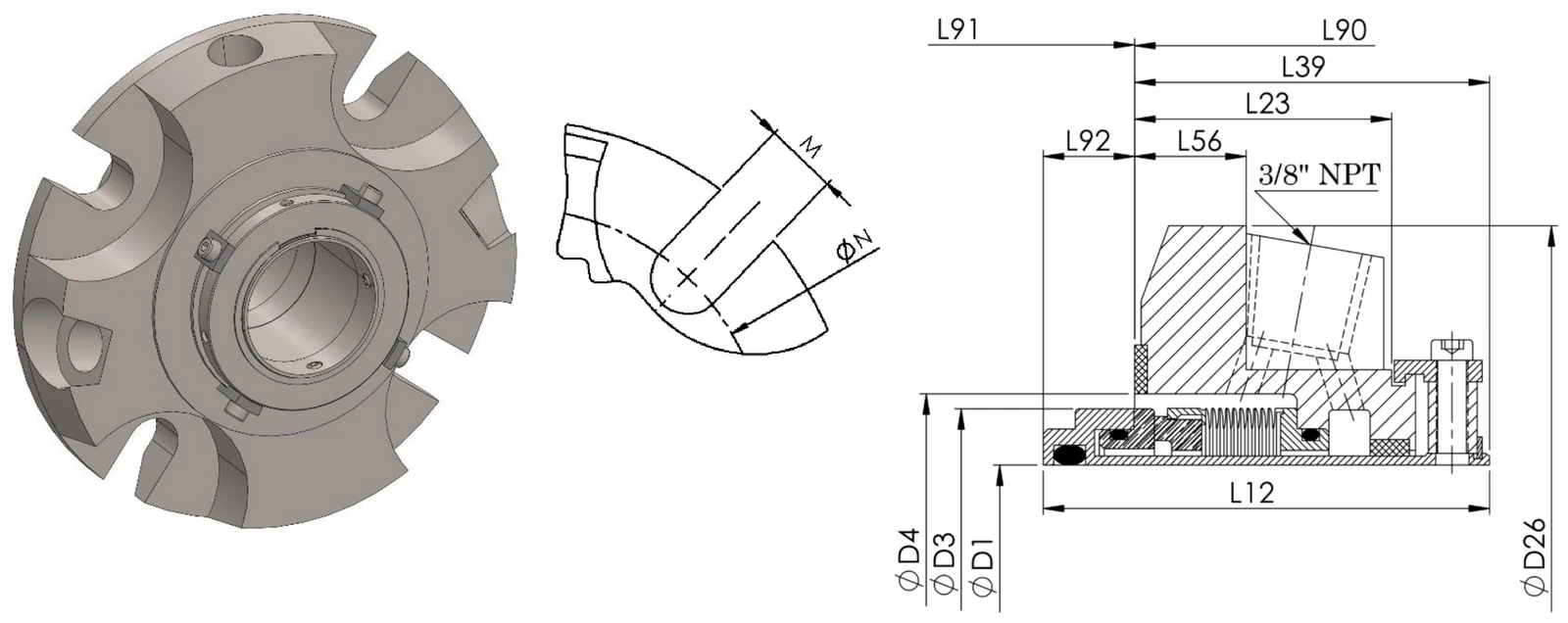 PZ05Q standard bore: seal assembly, gland bolt detail, and cross-section with dimension callouts