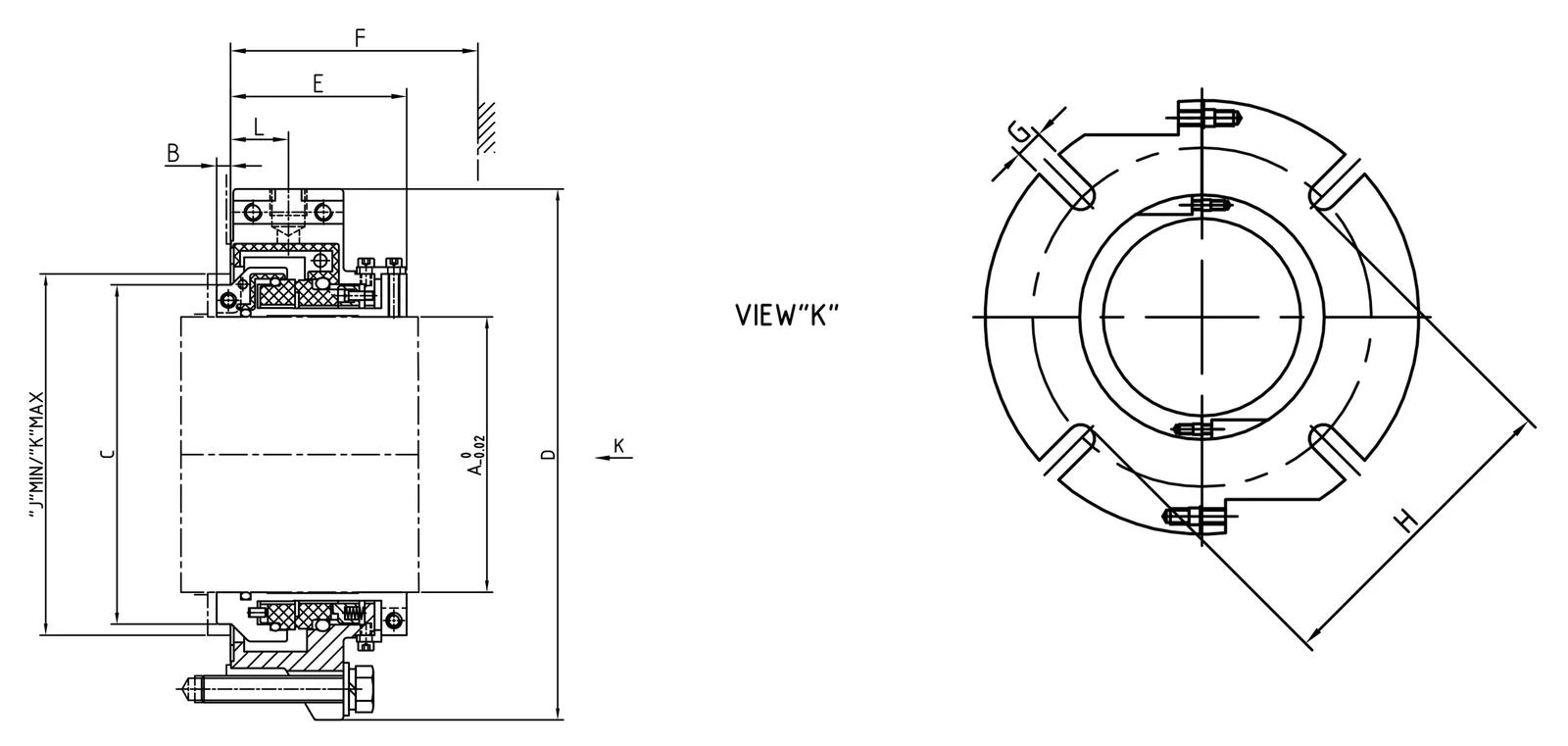 SP01 split seal: sectional elevation with dimension callouts and VIEW K end elevation